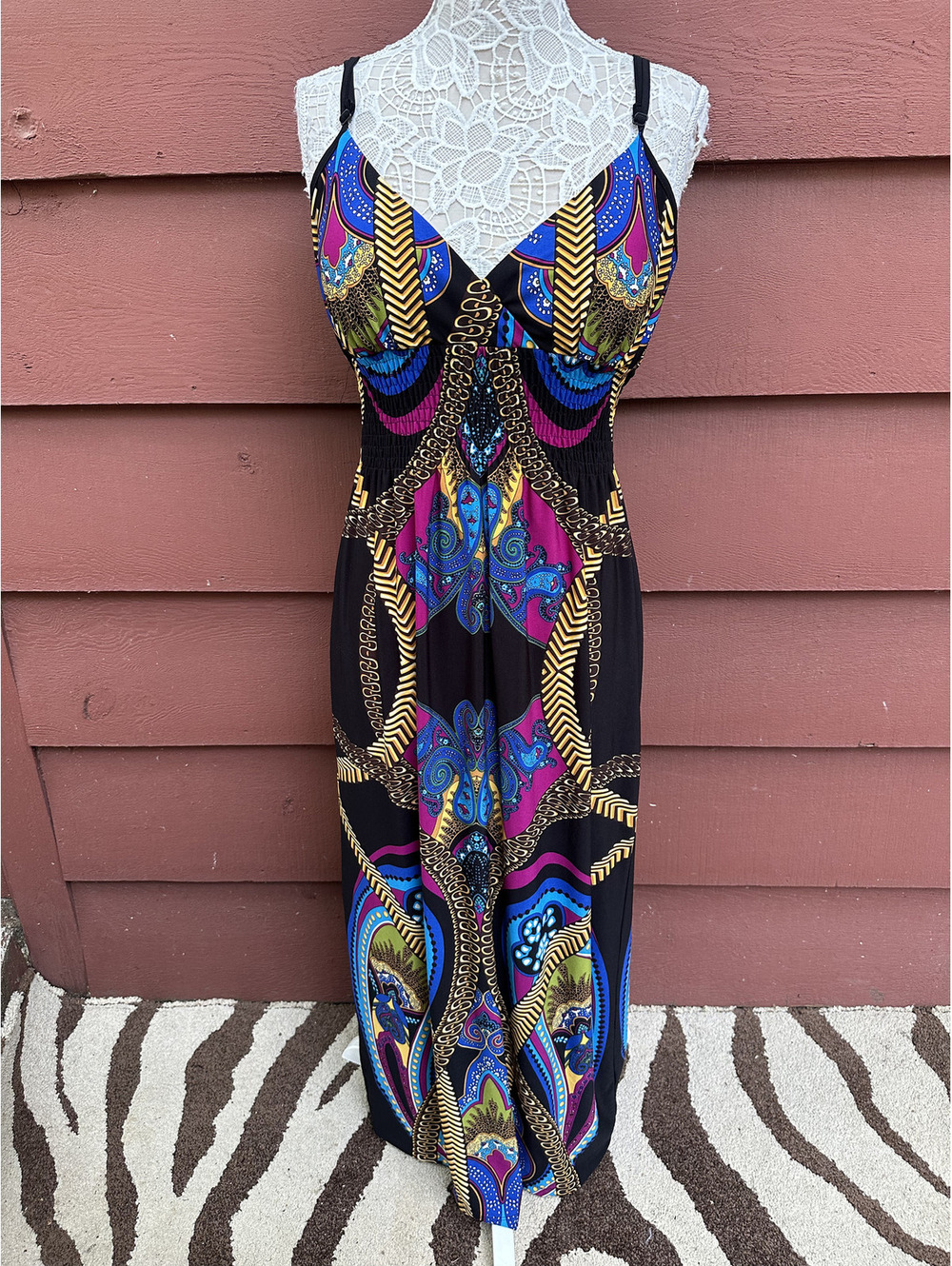 Snap Large Bohemian Maxi Dress with Bold Geometric Print in Black Blue Purple